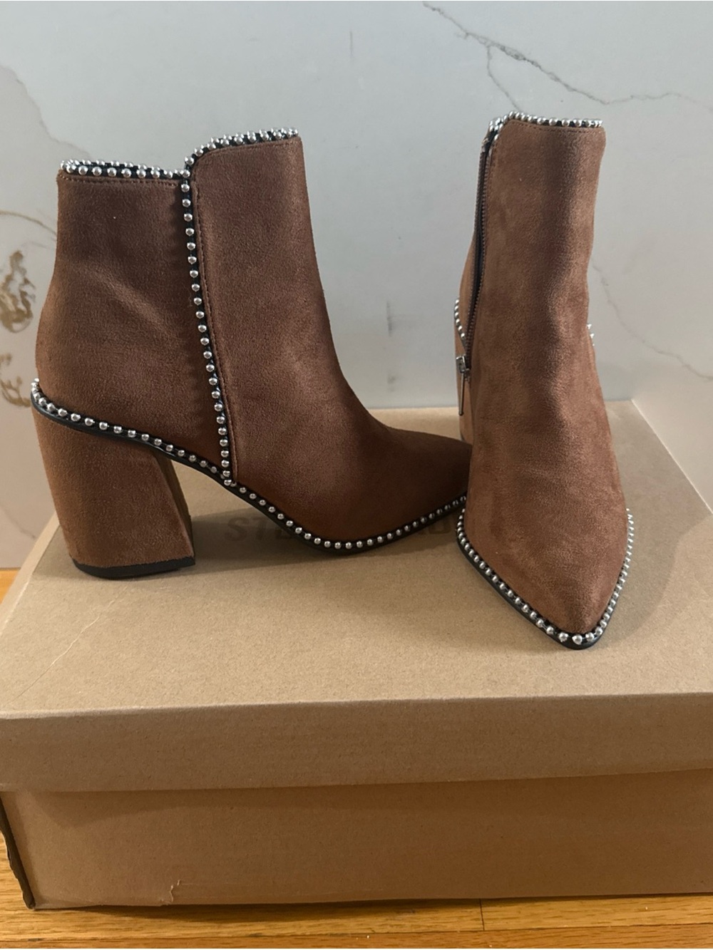 Steve Madden Cognac Brown Suede Studded Ankle Boots - Women Size 5
